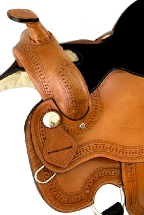 623316: 16" Economy style saddle with smooth finish and zig zag tooled border and is accented with Primary Showman Saddles and Tack   