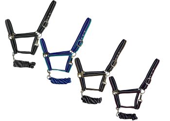 640: 2ply Striped Nylon Horse Sized Halter with metallic accent thread Nylon Halter Showman Saddles and Tack   