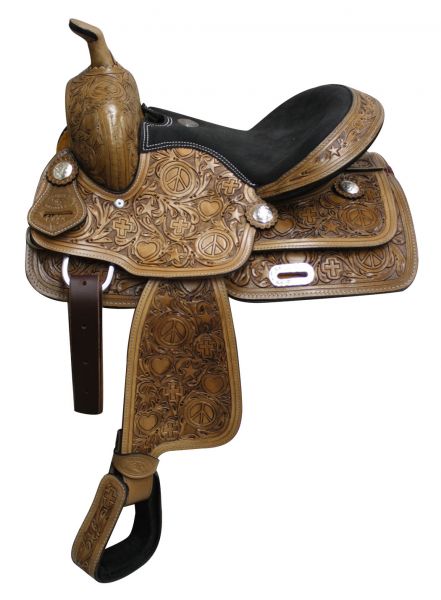 644313: 13" Fully tooled Double T youth saddle with suede leather seat Youth Saddle Double T   