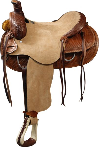 6495: Double T Roper Style saddle with rought out leather hard seat Roping Saddle Double T   