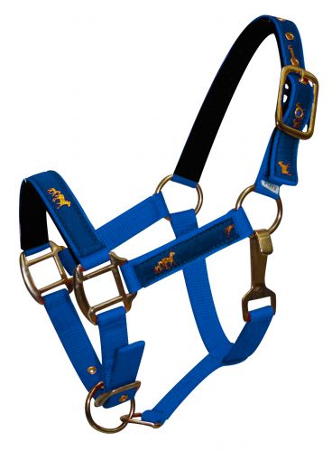 6550P: Pony size nylon halter with "running horse" overlay Nylon Halter Showman Saddles and Tack   