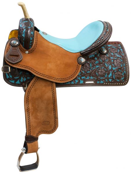 6612: This saddle features dark chocolate floral tooled skirts, pommel and cantle with teal painte Primary Showman   