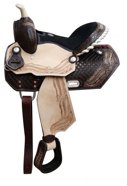 663113: 13" Youth barrel saddle with tooled feather design Youth Saddle Showman Saddles and Tack   