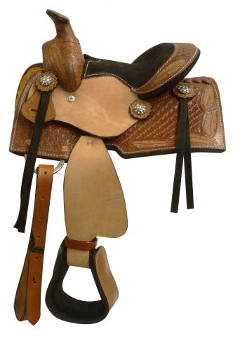 66808: 8" pony saddle with a tooled feather design Primary Showman Saddles and Tack   