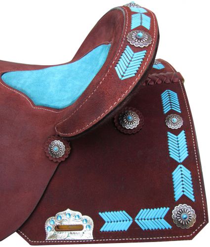 6831: 15", 16" Circle S Barrel Style Saddle with turquoise leather laced arrow trim Barrel Saddle Circle S   