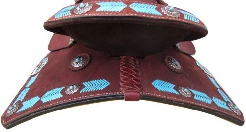 6831: 15", 16" Circle S Barrel Style Saddle with turquoise leather laced arrow trim Barrel Saddle Circle S   