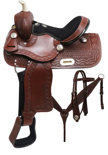 690312: 12" Double T Youth barrel style saddle set with zigzag and basket weave tooling Youth Saddle Double T   