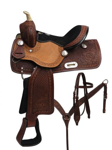 690412: 12" Double T Youth barrel style saddle set with zigzag, basket weave and floral tooling Youth Saddle Double T   