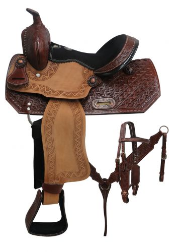 690512: 12" Double T Youth barrel style saddle set with zigzag tooling Youth Saddle Double T   