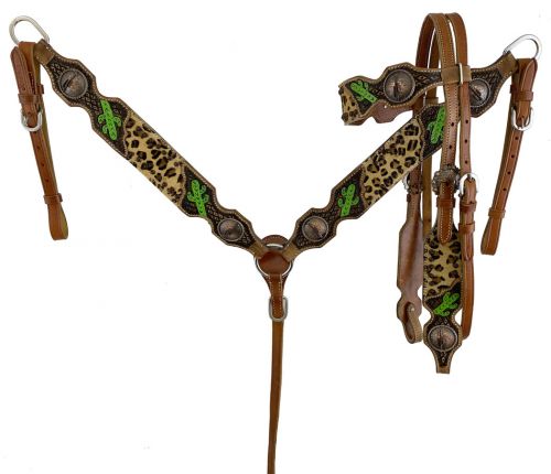 7001: Showman ® Cheetah headstall and breast collar set with painted cactus accents Headstall & Breast Collar Set Showman   