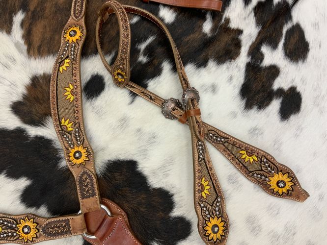 7003: Showman™ Medium oil  leather browband headstall with beaded sunflower design and hand painte Headstall & Breast Collar Set Showman   