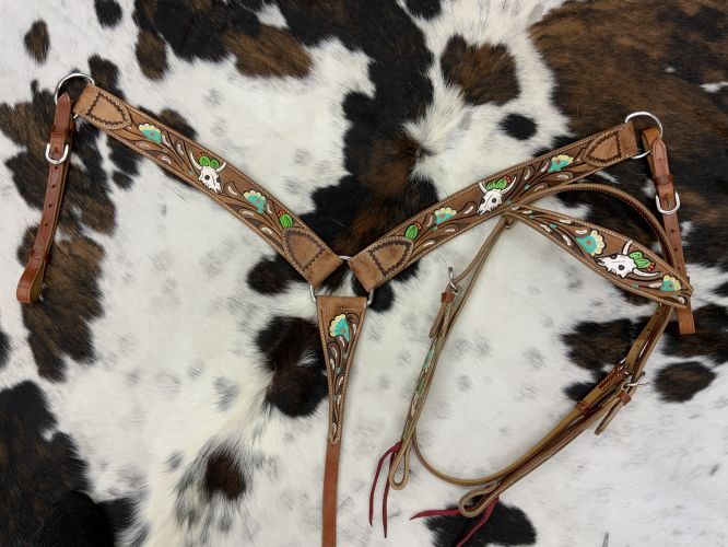 7005: Showman ® Hand painted skull, flower and cactus headstall and breast collar set Headstall & Breast Collar Set Showman   