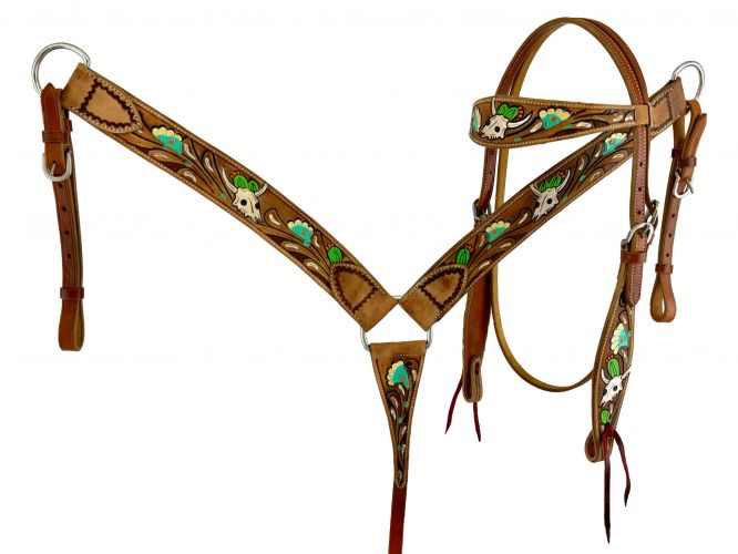 7005: Showman ® Hand painted skull, flower and cactus headstall and breast collar set Headstall & Breast Collar Set Showman   