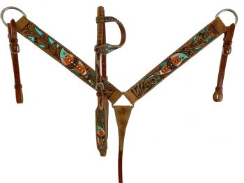 7010: Showman ® Hand Painted Feather Design One Ear Headstall and Breast collar Set  Headstall & Breast Collar Set Showman   