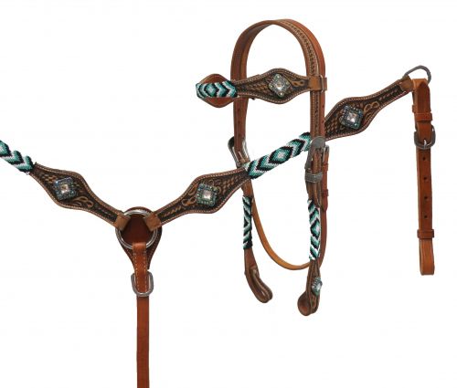 7016: Showman ® Medium leather headstall and breast collar with beaded overlays and iridescent cry Headstall & Breast Collar Set Showman   