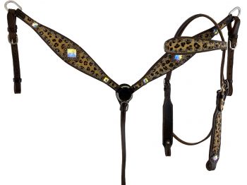 7017: Showman ® Dark oil brow band  headstall and breast collar set with hair on Cheetah inlays, b Headstall & Breast Collar Set Showman   