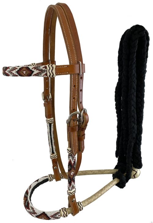 7021: Showman® Leather bosal headstall with southwest design beaded overlays and black cotton meca Headstall Showman   