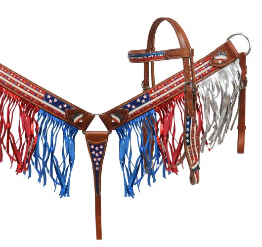 7025: Showman® Painted American Flag headstall and breast collar set with fringe Headstall & Breast Collar Set Showman   