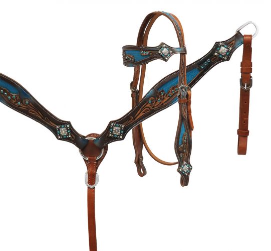 7027: Showman ® Crystal rhinestone headstall and breast collar set with blue inlay Headstall & Breast Collar Set Showman   