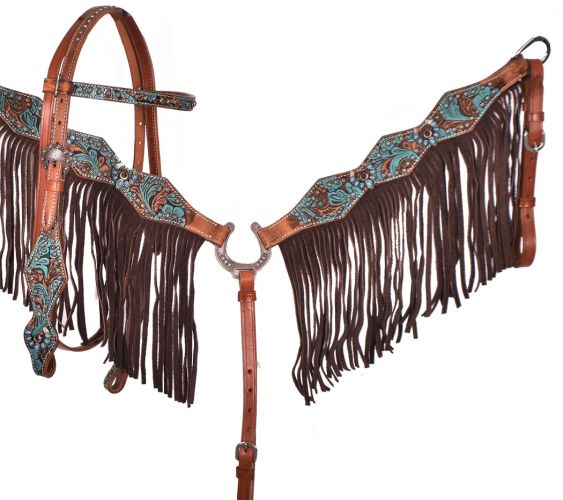 7040: Showman ® Turquoise and Brown Floral Tooled browband headstall and breast collar set Headstall & Breast Collar Set Showman   