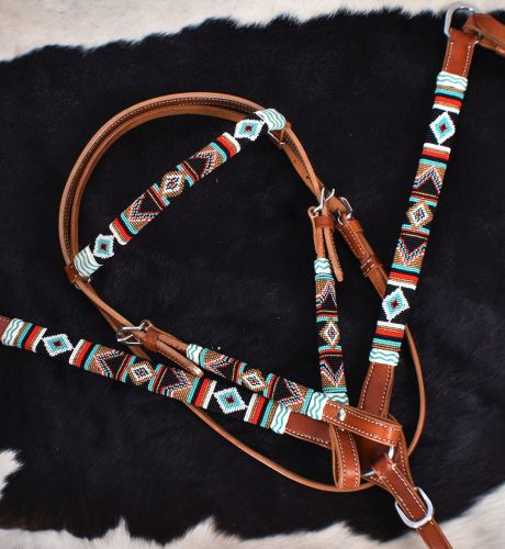 7043: Showman ® Teal and Red Navajo Beaded headstall and breast collar set Headstall & Breast Collar Set Showman   