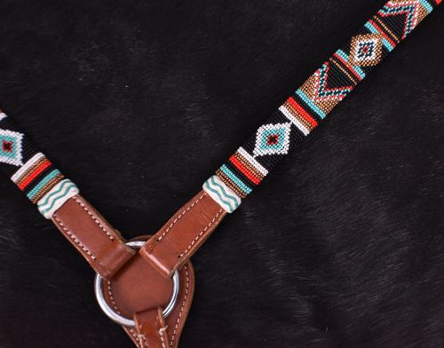 7043: Showman ® Teal and Red Navajo Beaded headstall and breast collar set Headstall & Breast Collar Set Showman   