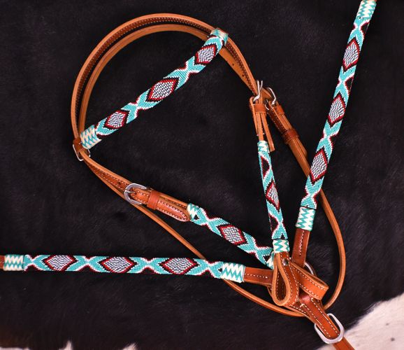 7044: Showman ® Turquoise and Red Beaded headstall and breast collar set Headstall & Breast Collar Set Showman   