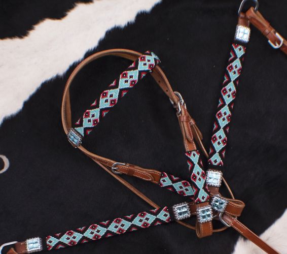 7048: Showman ® Teal and Red Navajo Beaded headstall and breast collar set Headstall & Breast Collar Set Showman   
