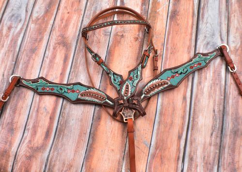 7051: Showman ® Turquoise Beaded Browband Headstall and Breast Collar Set Headstall & Breast Collar Set Showman   