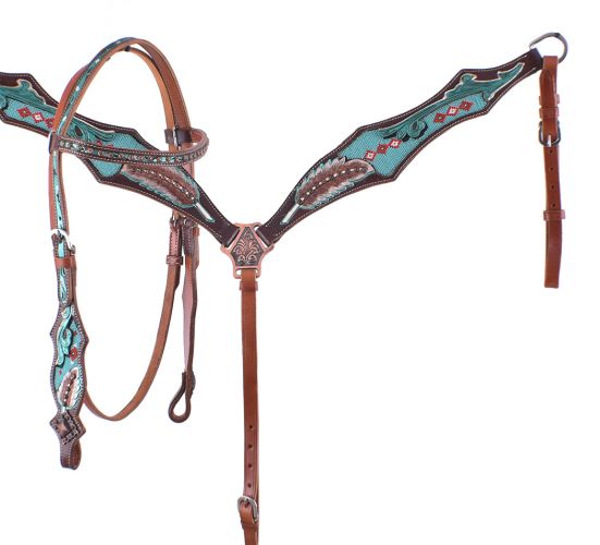 7051: Showman ® Turquoise Beaded Browband Headstall and Breast Collar Set Headstall & Breast Collar Set Showman   