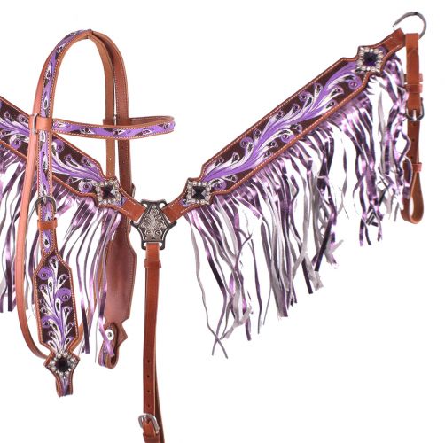 7054: Showman ® Purple hand painted browband headstall and breast collar set Headstall & Breast Collar Set Showman   