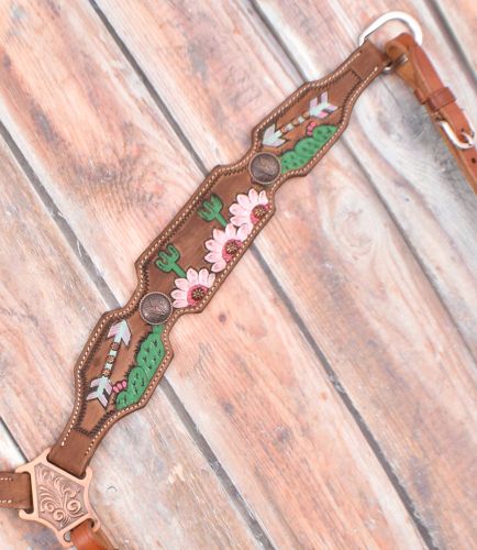 7056: Showman ® White and Pink Sunflower and Cactus Brow Band headstall and breast collar set Headstall & Breast Collar Set Showman   