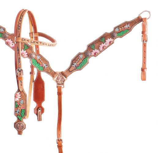 7056: Showman ® White and Pink Sunflower and Cactus Brow Band headstall and breast collar set Headstall & Breast Collar Set Showman   