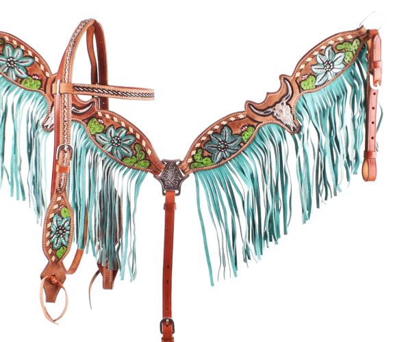 7058: Showman ® Hand Painted Steer Skull and Cactus Headstall and Breast collar Set Headstall & Breast Collar Set Showman   