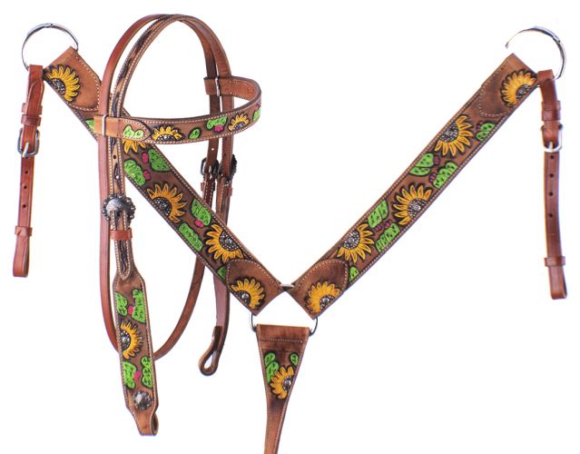 7063: Showman ® Hand Painted Sunflower Halves and Cactus Browband Headstall and Breast collar Set Headstall & Breast Collar Set Showman   