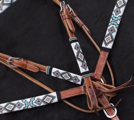 7064X: Showman ® Turquoise and Red Navajo Beaded headstall and breast collar set Headstall & Breast Collar Set Showman   
