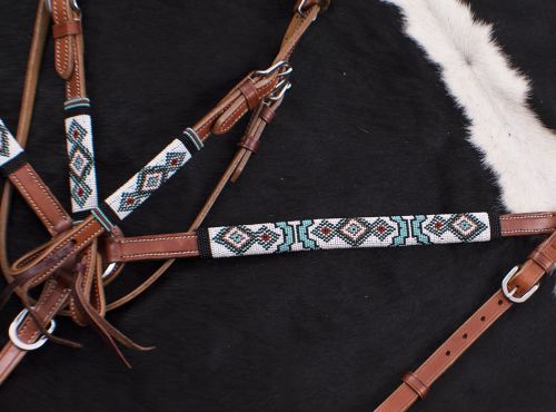 7064X: Showman ® Turquoise and Red Navajo Beaded headstall and breast collar set Headstall & Breast Collar Set Showman   