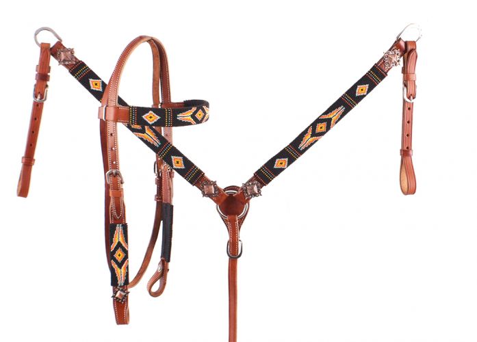 7065X: Showman ® Orange and Yellow Navajo Beaded headstall and breast collar set Headstall & Breast Collar Set Showman   