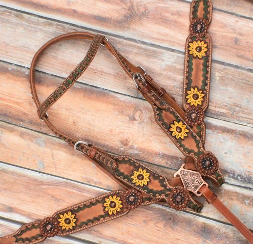 7066X: Showman ® Hand Painted Sunflower Leather Browband headstall and breast collar set Headstall & Breast Collar Set Showman   