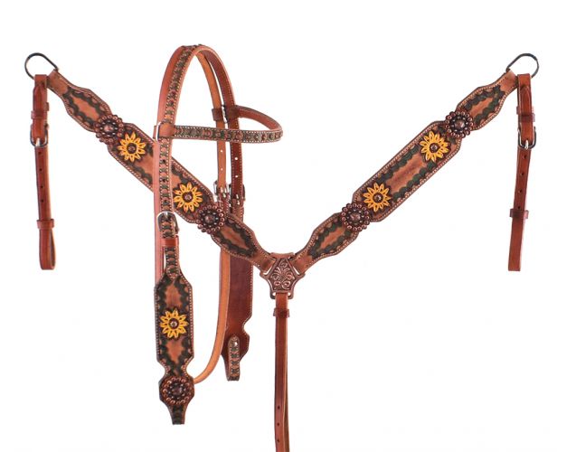 7066X: Showman ® Hand Painted Sunflower Leather Browband headstall and breast collar set Headstall & Breast Collar Set Showman   