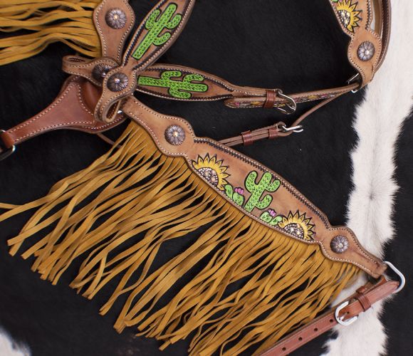7069: Showman ® Hand Painted Sunflower and Cactus Browband Headstall and Breast collar Set with Fr Headstall & Breast Collar Set Showman   