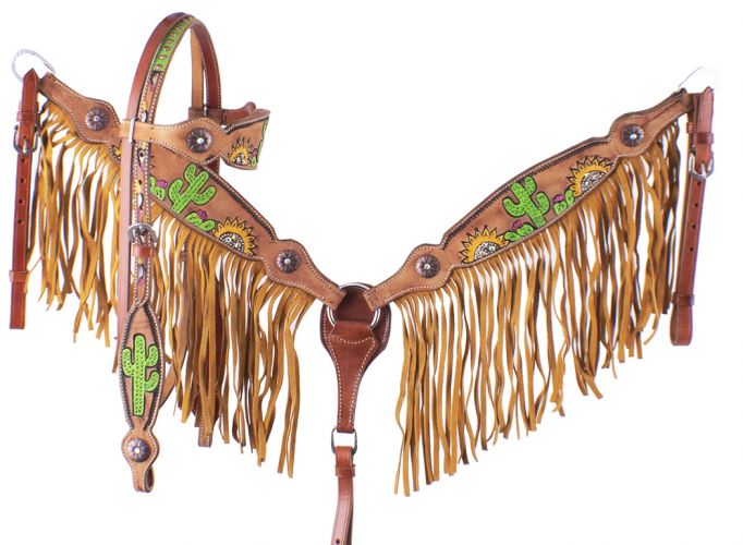 7069: Showman ® Hand Painted Sunflower and Cactus Browband Headstall and Breast collar Set with Fr Headstall & Breast Collar Set Showman   