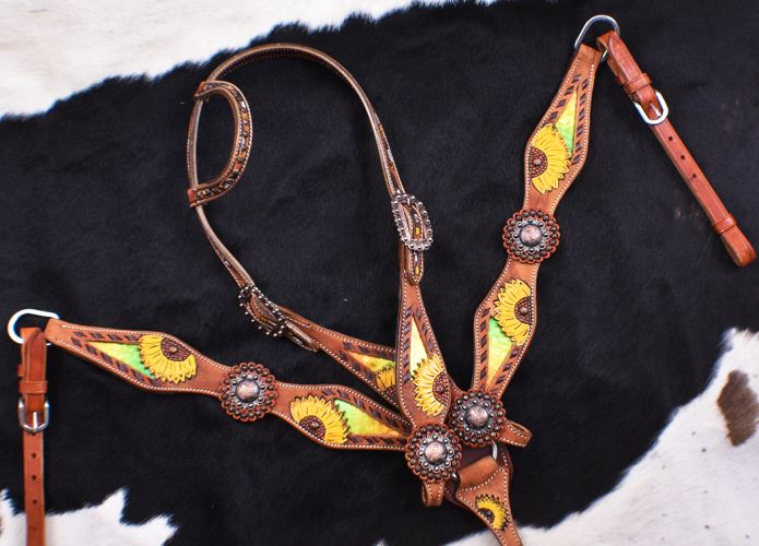 7070: Showman ® Hand Painted Sunflower Single Ear Headstall and Breastcollar Set with multi colore Headstall & Breast Collar Set Showman   