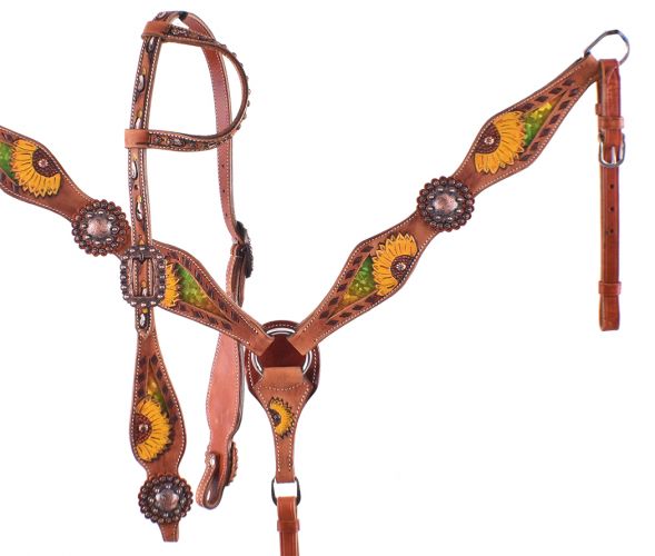 7070: Showman ® Hand Painted Sunflower Single Ear Headstall and Breastcollar Set with multi colore Headstall & Breast Collar Set Showman   