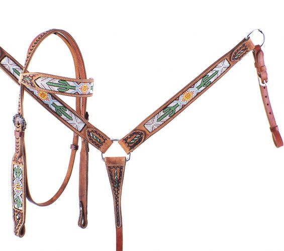 7071: Showman ® Cactus and Navajo Print Beaded headstall and breast collar set Headstall & Breast Collar Set Showman   