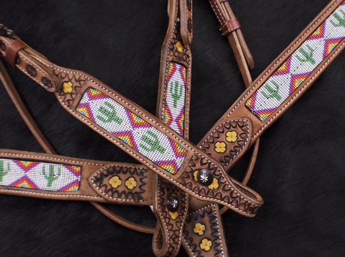 7072: Showman ® Cactus Print Beaded headstall and breast collar set Headstall & Breast Collar Set Showman   