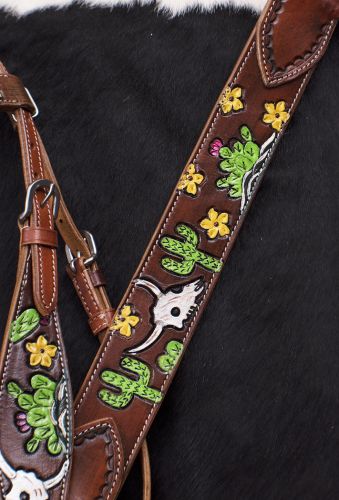 7074: Showman ® Hand Painted Steer Skull and Cactus Headstall and Breast collar Set Headstall & Breast Collar Set Showman   