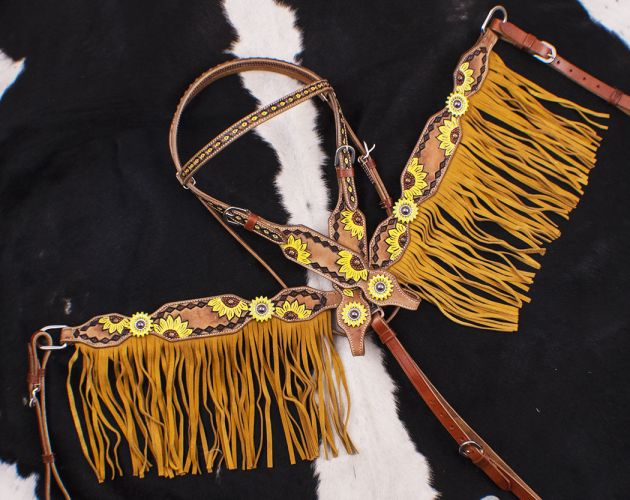 7075: Showman ® Hand Painted Sunflower Brow band Headstall and Breast collar Set with Sunflower Co Headstall & Breast Collar Set Showman   