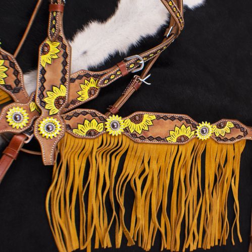 7075: Showman ® Hand Painted Sunflower Brow band Headstall and Breast collar Set with Sunflower Co Headstall & Breast Collar Set Showman   
