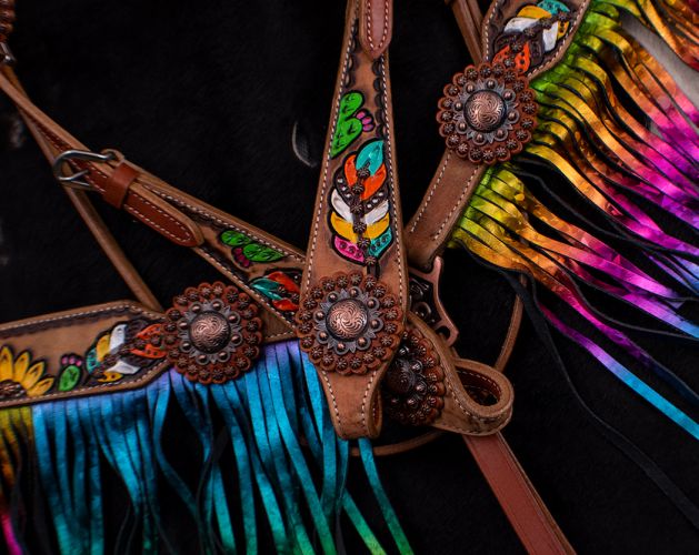 7076: Showman ® Hand Painted Feather, Sunflower and Cactus Brow band Headstall and Breast collar S Headstall & Breast Collar Set Showman   